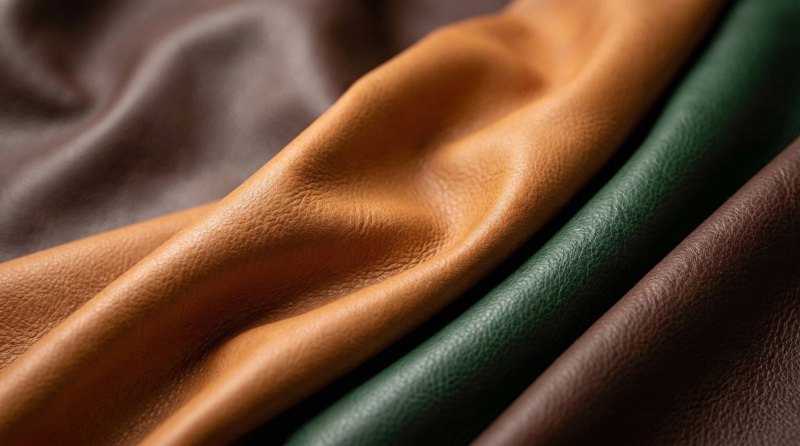 Premium full-grain leather hides in rich tan, forest green, and espresso brown tones